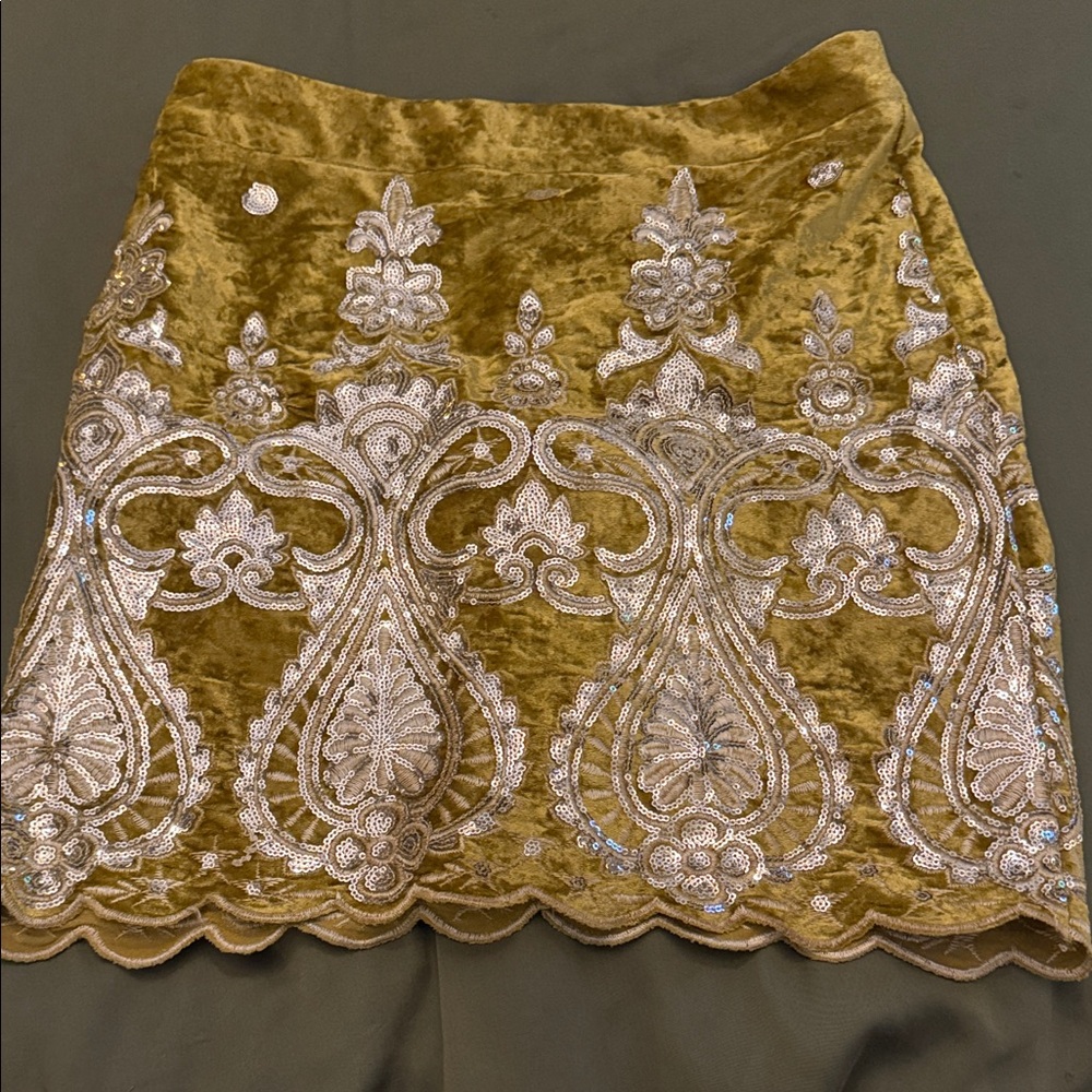Embellished Velvet Mini Skirt in Olive Gold